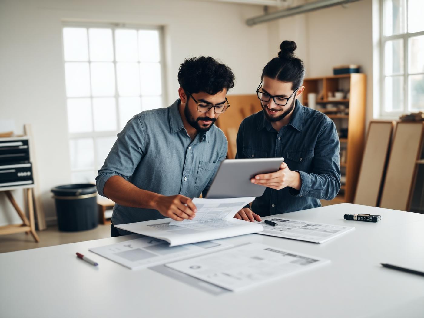 Two business owners reviewing printed page layouts together in a studio