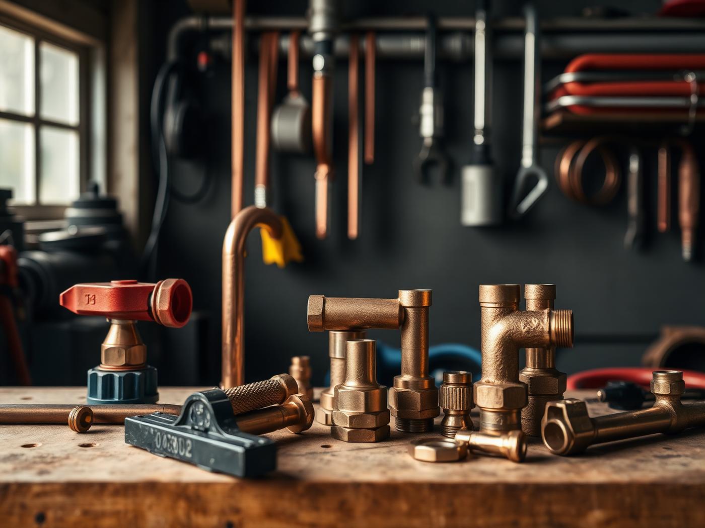 Copper fittings and plumbing tools arranged on a workbench
