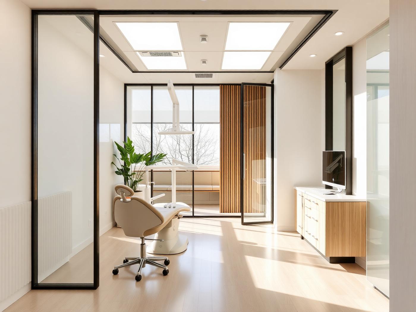 Bright modern dental studio treatment room with pale wood and glass