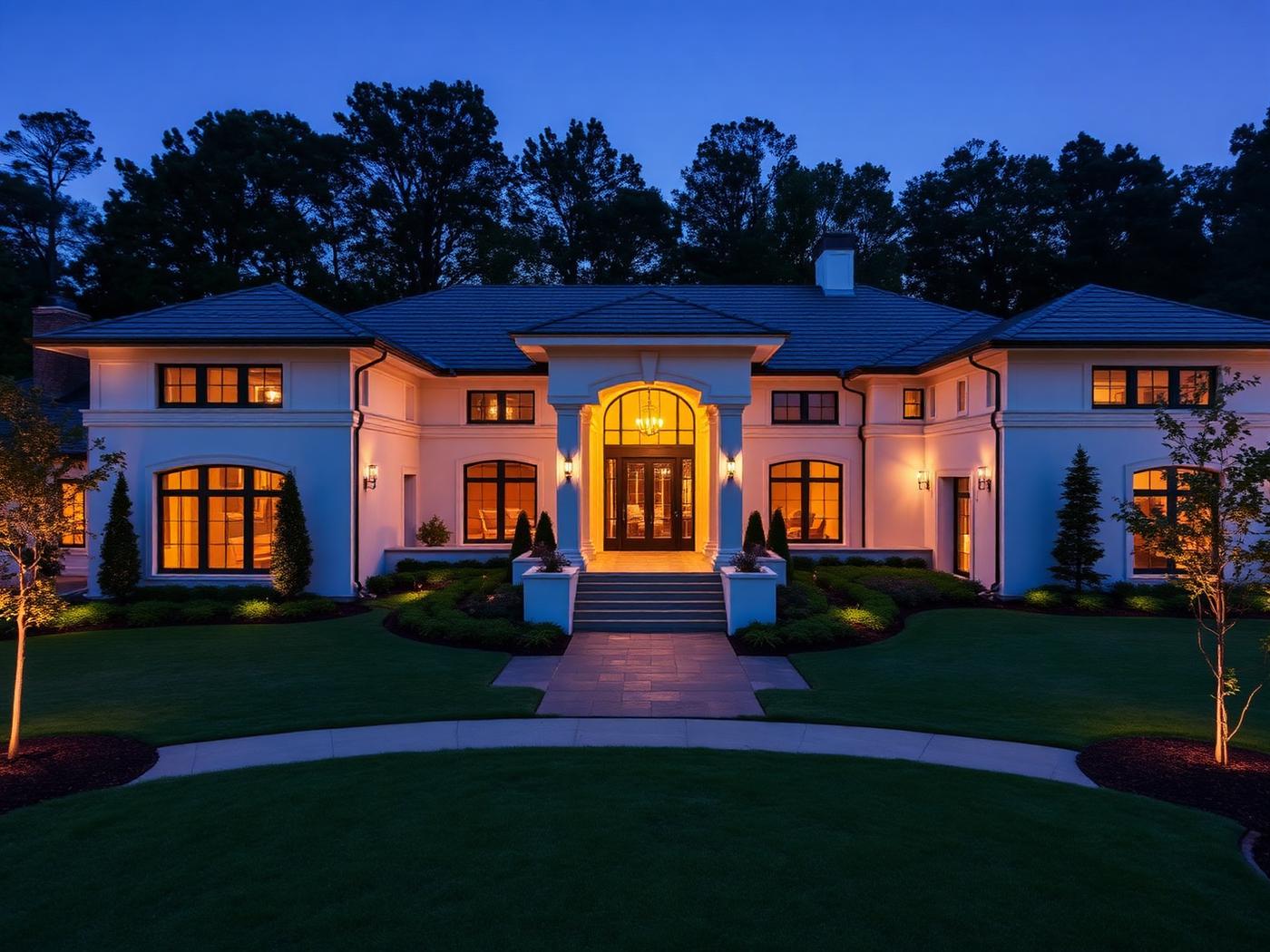 Luxury estate home exterior lit at dusk