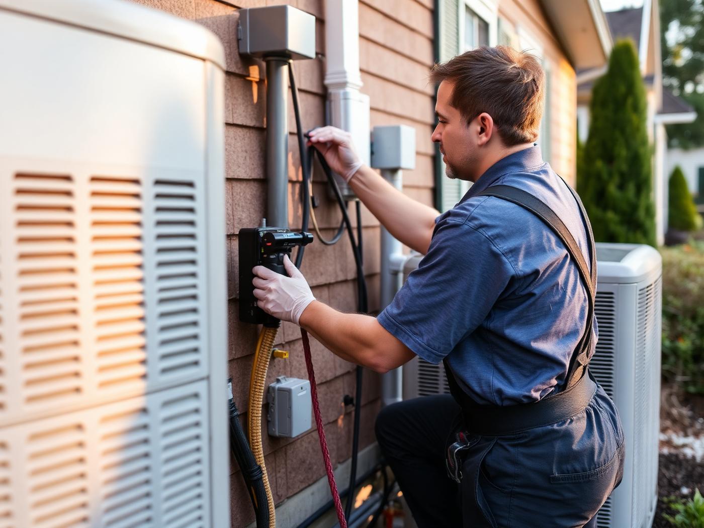 HVAC technician servicing an air conditioning unit outside a home