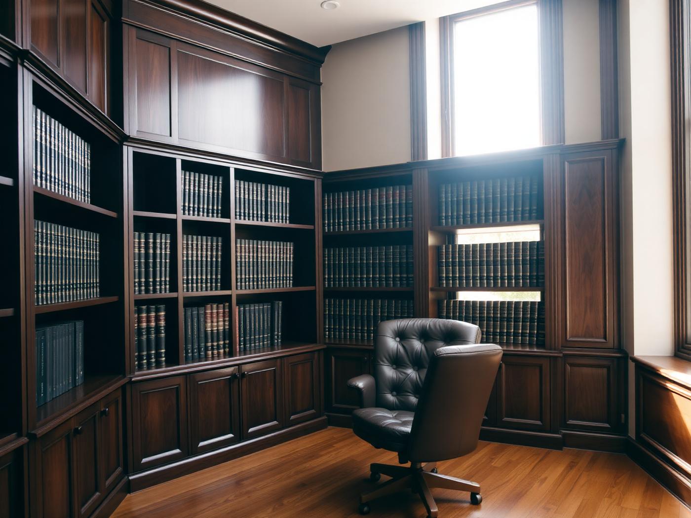 Quiet law office library with dark walnut shelves and soft daylight