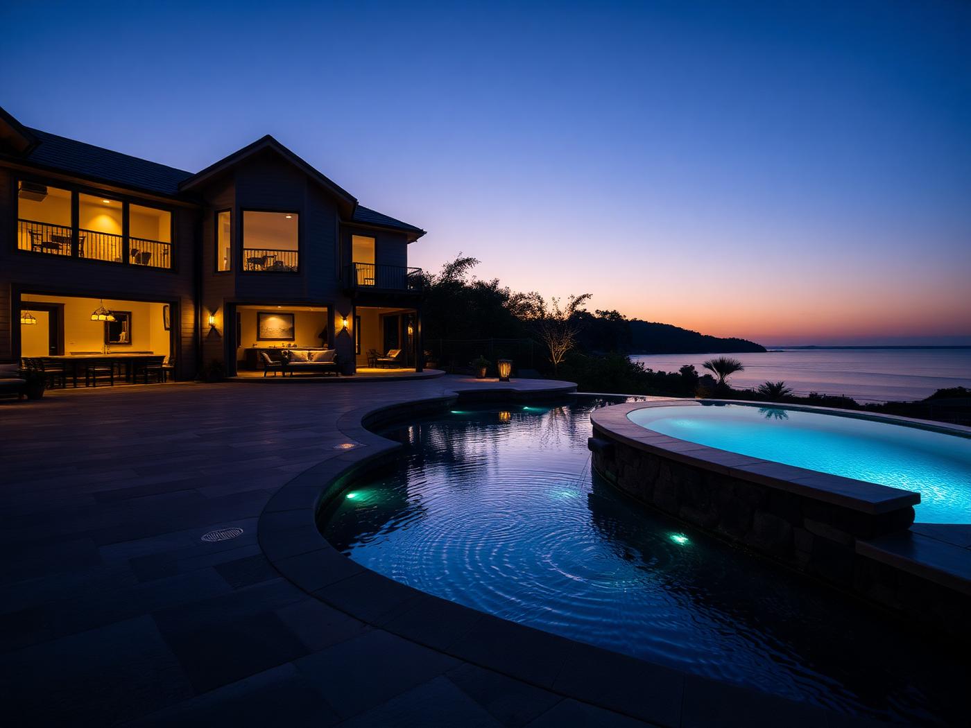 Custom lit swimming pool and stone terrace at dusk