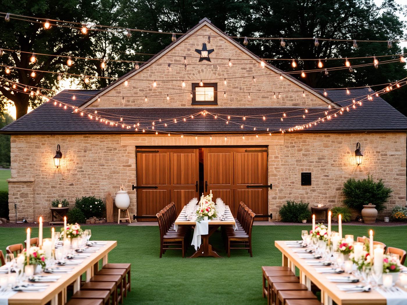 Stone barn wedding venue with string lights and candlelit tables at dusk
